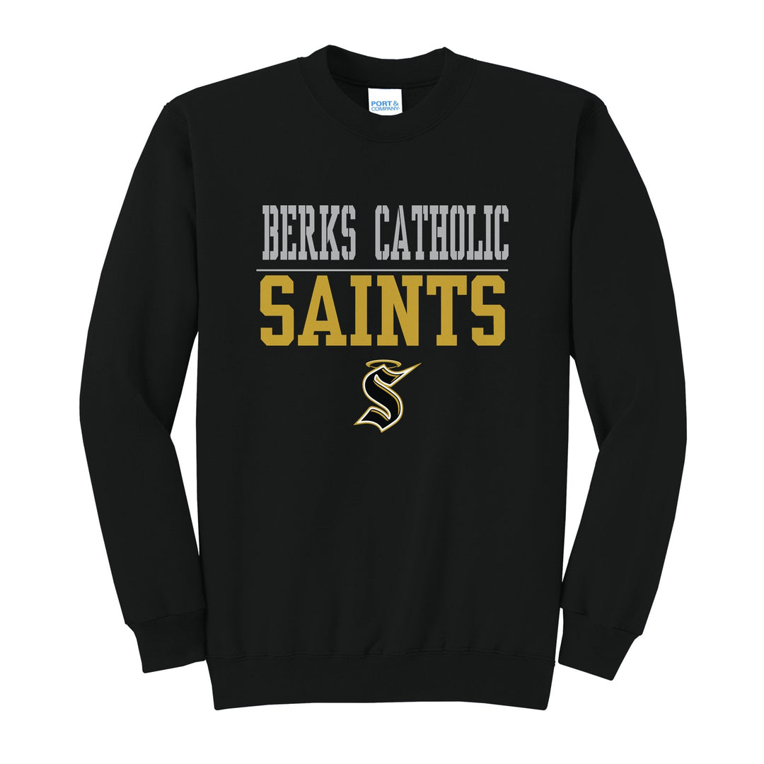 Berks Catholic Saints Split Block crewneck sweatshirt in Jet Black: BERKS CATHOLIC over a thin rule, big SAINTS block letters and the halo S