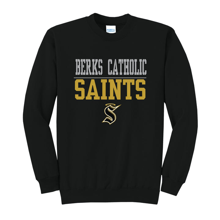 Berks Catholic Saints Split Block crewneck sweatshirt in Jet Black: BERKS CATHOLIC over a thin rule, big SAINTS block letters and the halo S