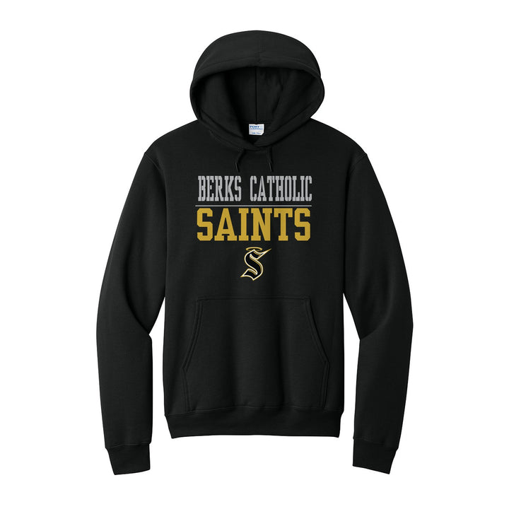Berks Catholic Saints Split Block hoodie in Jet Black: BERKS CATHOLIC over a thin rule, big SAINTS block letters and the halo S