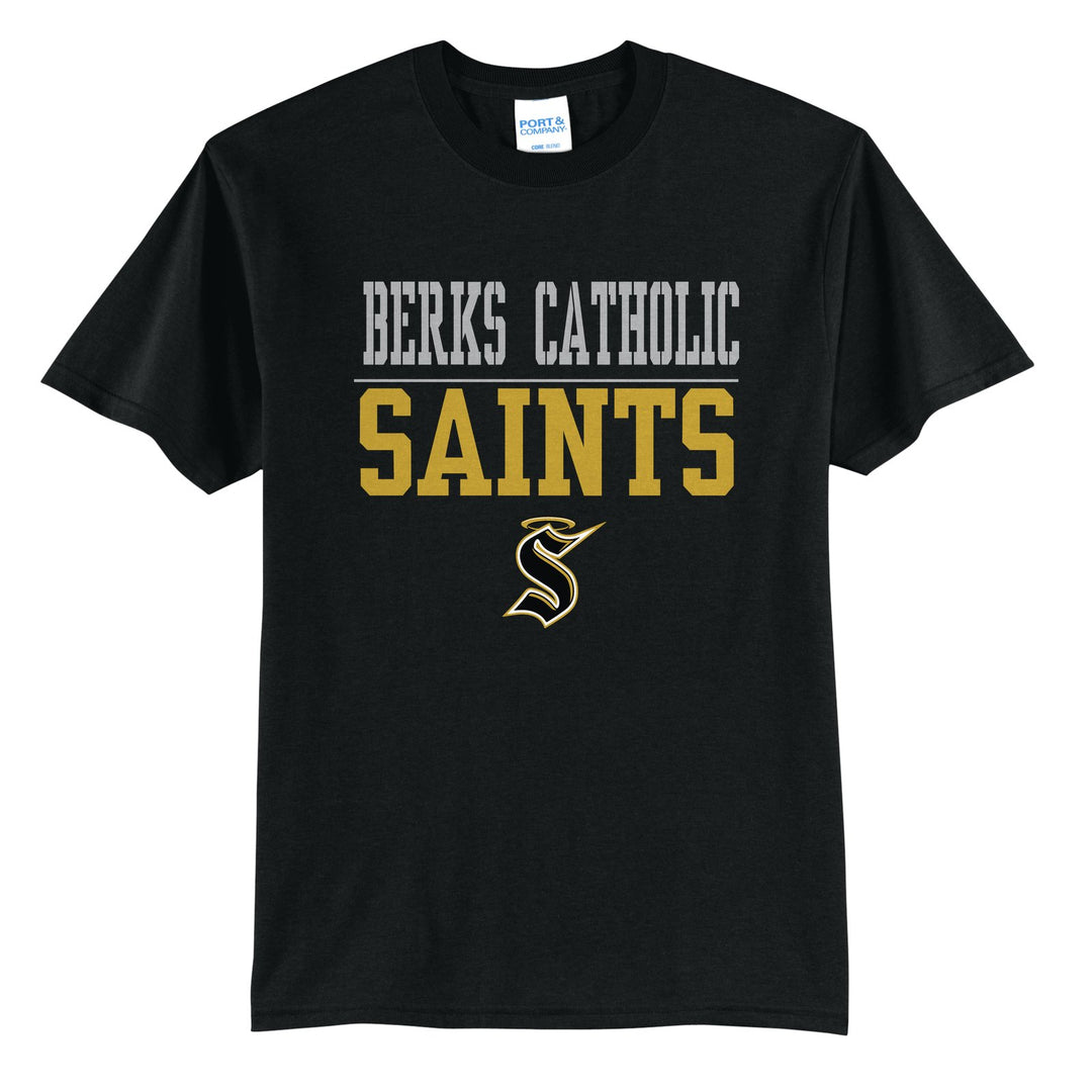 Berks Catholic Saints Split Block t-shirt in Jet Black: BERKS CATHOLIC over a thin rule, big SAINTS block letters and the halo S