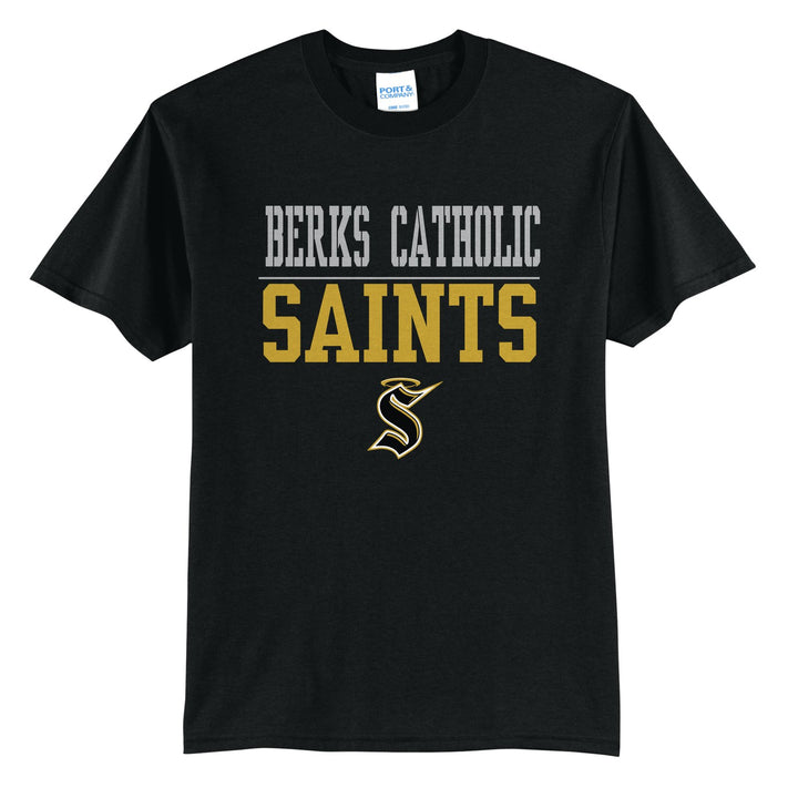 Berks Catholic Saints Split Block t-shirt in Jet Black: BERKS CATHOLIC over a thin rule, big SAINTS block letters and the halo S