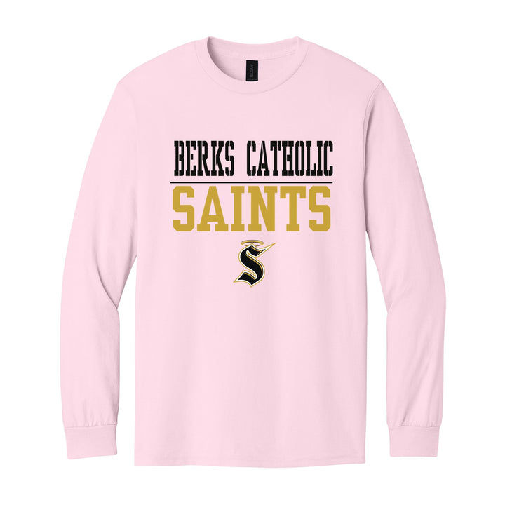 Berks Catholic Saints Split Block long sleeve t-shirt in Light Pink: BERKS CATHOLIC over a thin rule, big SAINTS block letters and the halo S
