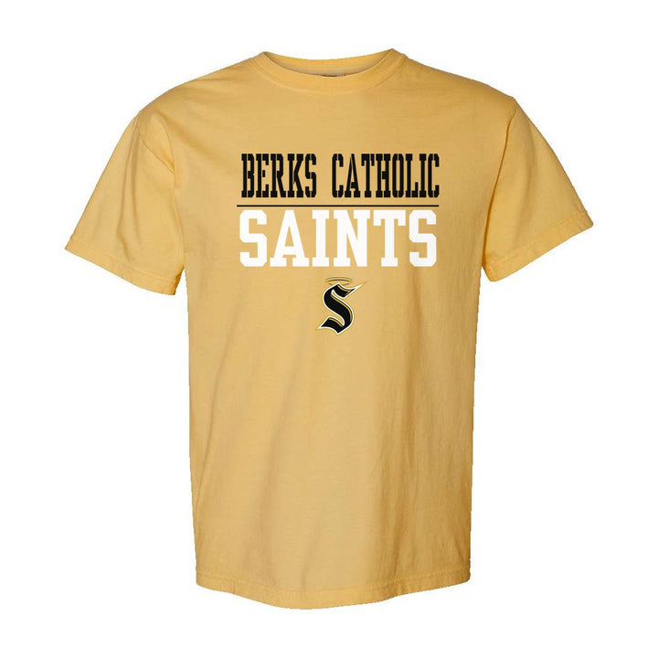 Berks Catholic Saints Split Block comfort colors t-shirt in Mustard: BERKS CATHOLIC over a thin rule, big SAINTS block letters and the halo S
