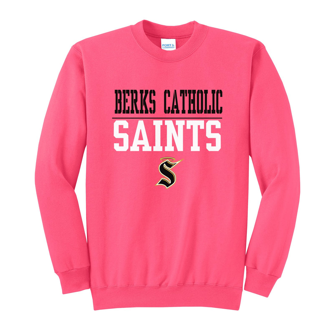 Berks Catholic Saints Split Block crewneck sweatshirt in Neon Pink: BERKS CATHOLIC over a thin rule, big SAINTS block letters and the halo S