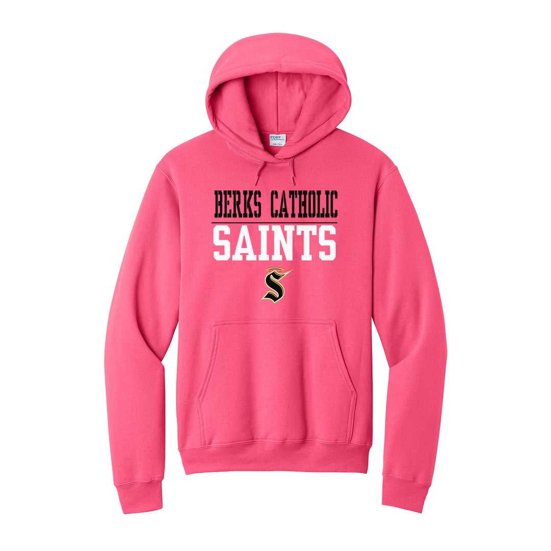 Berks Catholic Saints Split Block hoodie in Neon Pink: BERKS CATHOLIC over a thin rule, big SAINTS block letters and the halo S