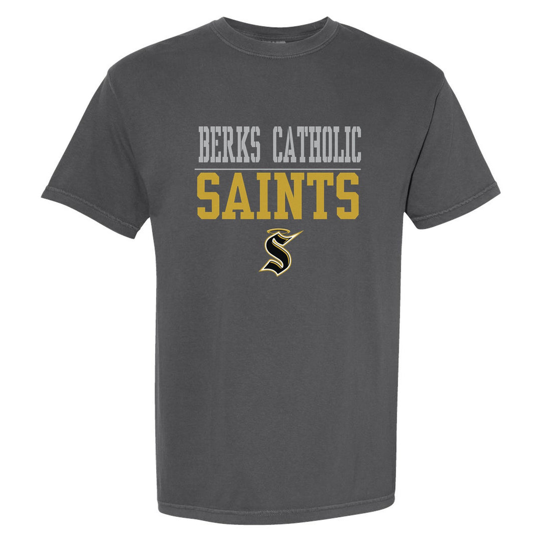 Berks Catholic Saints Split Block comfort colors t-shirt in Pepper: BERKS CATHOLIC over a thin rule, big SAINTS block letters and the halo S