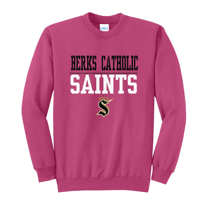 Berks Catholic Saints Split Block crewneck sweatshirt in Sangria: BERKS CATHOLIC over a thin rule, big SAINTS block letters and the halo S