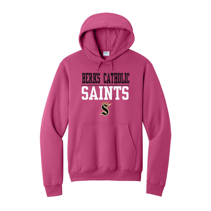 Berks Catholic Saints Split Block hoodie in Sangria: BERKS CATHOLIC over a thin rule, big SAINTS block letters and the halo S