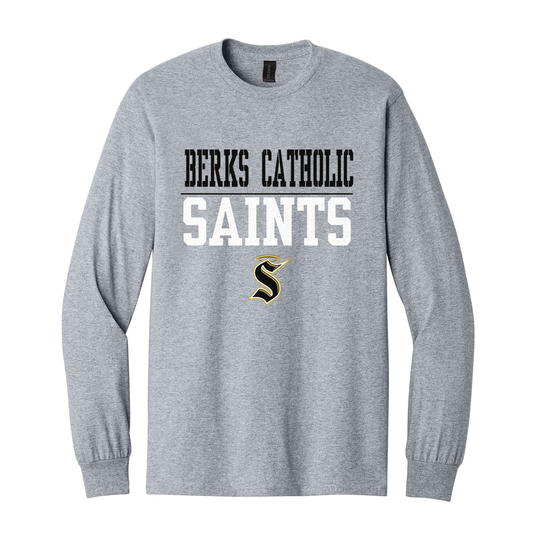 Berks Catholic Saints Split Block long sleeve t-shirt in Sport Grey: BERKS CATHOLIC over a thin rule, big SAINTS block letters and the halo S