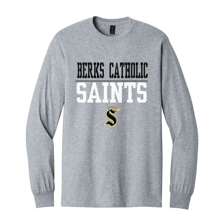 Berks Catholic Saints Split Block long sleeve t-shirt in Sport Grey: BERKS CATHOLIC over a thin rule, big SAINTS block letters and the halo S