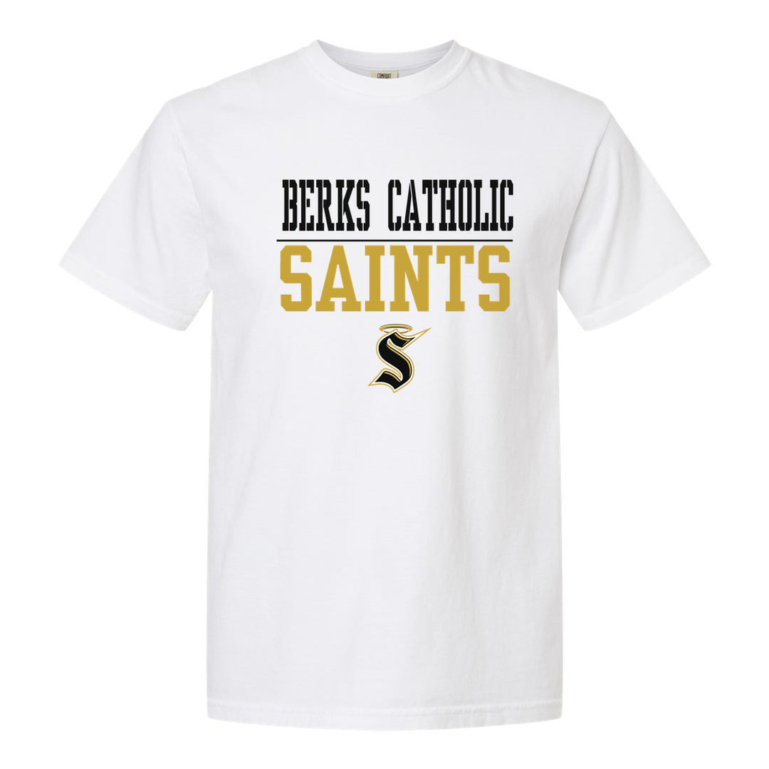 Berks Catholic Saints Split Block comfort colors t-shirt in White: BERKS CATHOLIC over a thin rule, big SAINTS block letters and the halo S
