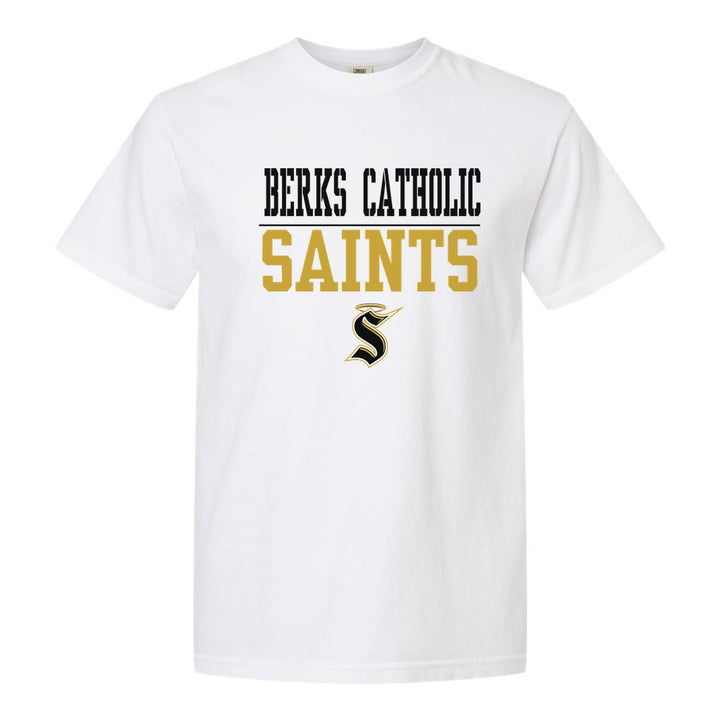 Berks Catholic Saints Split Block comfort colors t-shirt in White: BERKS CATHOLIC over a thin rule, big SAINTS block letters and the halo S
