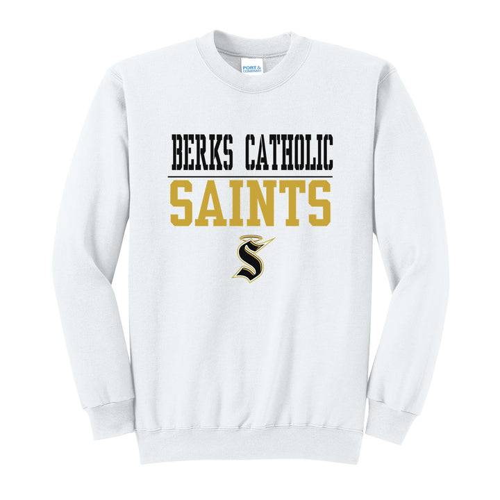 Berks Catholic Saints Split Block crewneck sweatshirt in White: BERKS CATHOLIC over a thin rule, big SAINTS block letters and the halo S