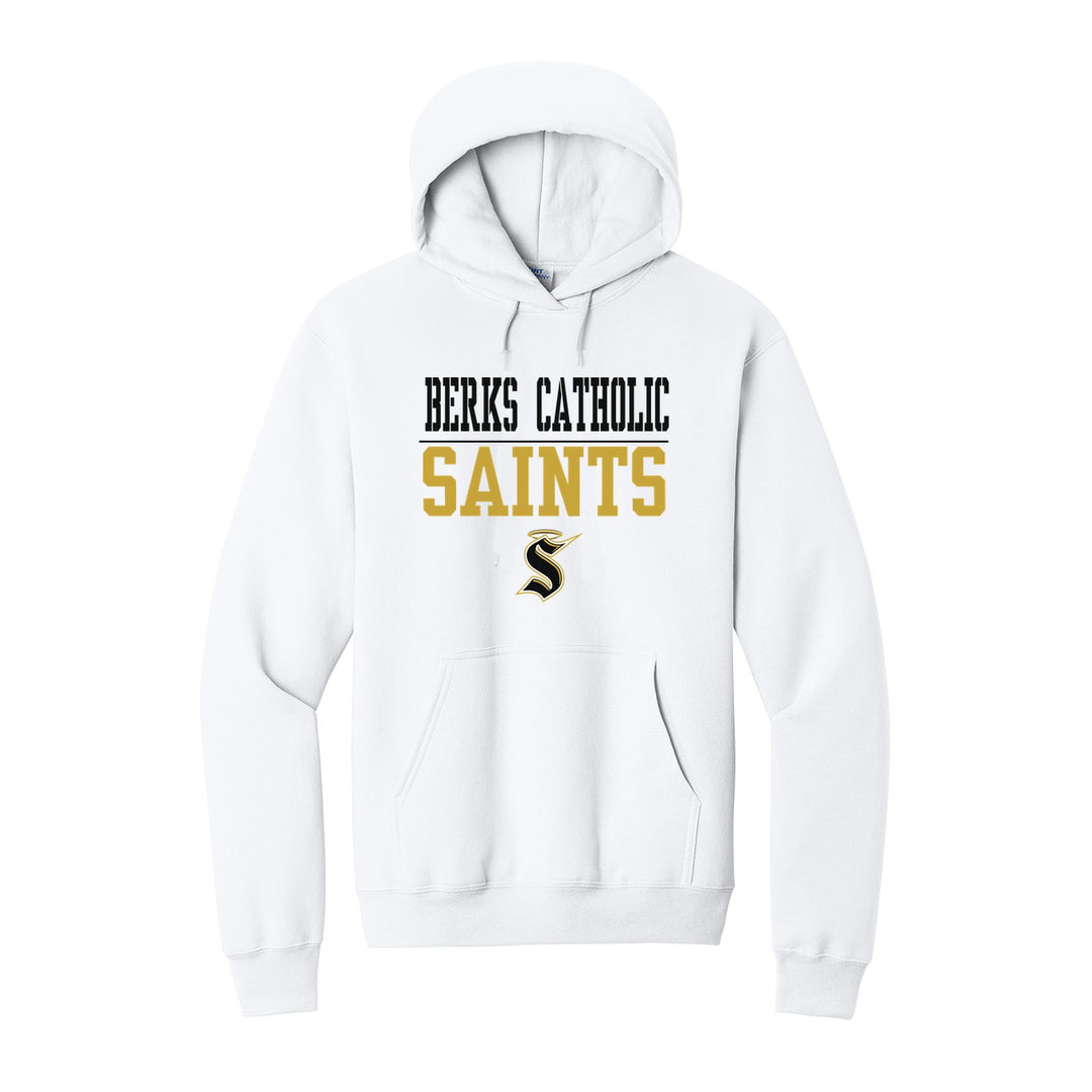 Berks Catholic Saints Split Block hoodie in White: BERKS CATHOLIC over a thin rule, big SAINTS block letters and the halo S