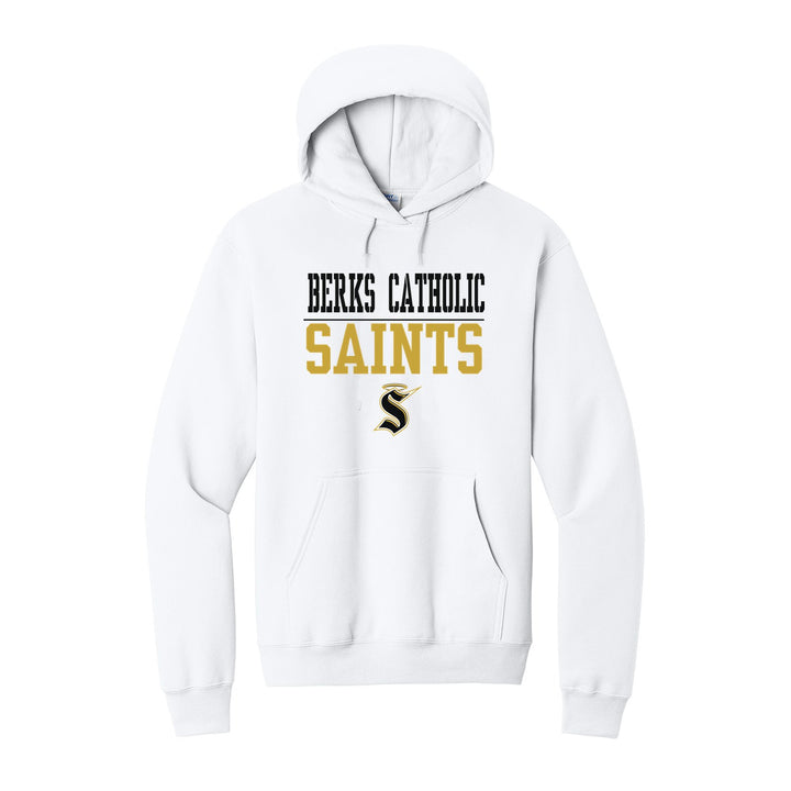 Berks Catholic Saints Split Block hoodie in White: BERKS CATHOLIC over a thin rule, big SAINTS block letters and the halo S