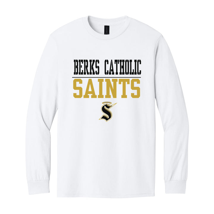 Berks Catholic Saints Split Block long sleeve t-shirt in White: BERKS CATHOLIC over a thin rule, big SAINTS block letters and the halo S