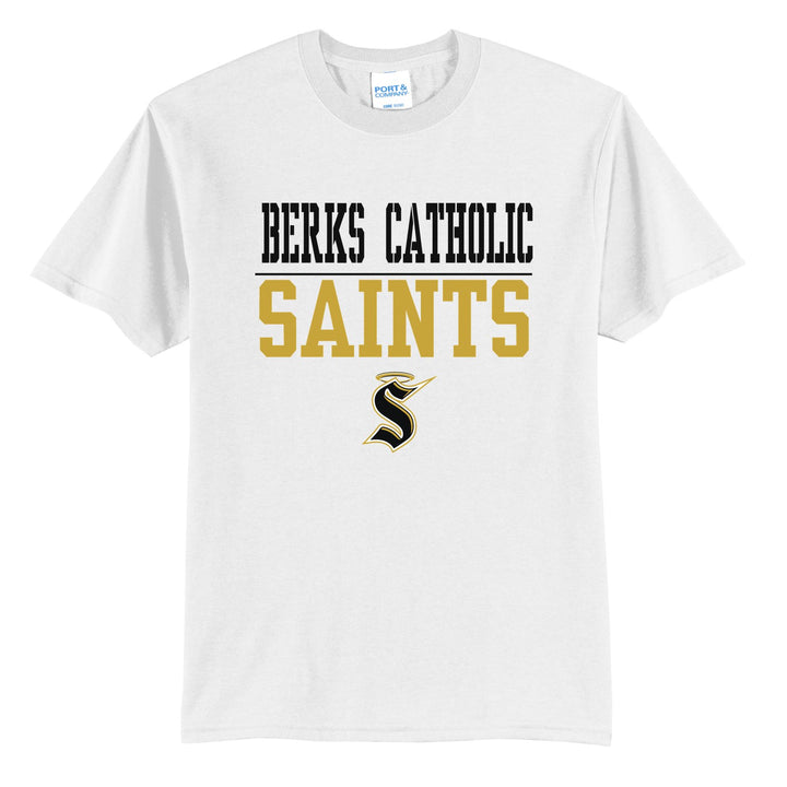 Berks Catholic Saints Split Block t-shirt in White: BERKS CATHOLIC over a thin rule, big SAINTS block letters and the halo S