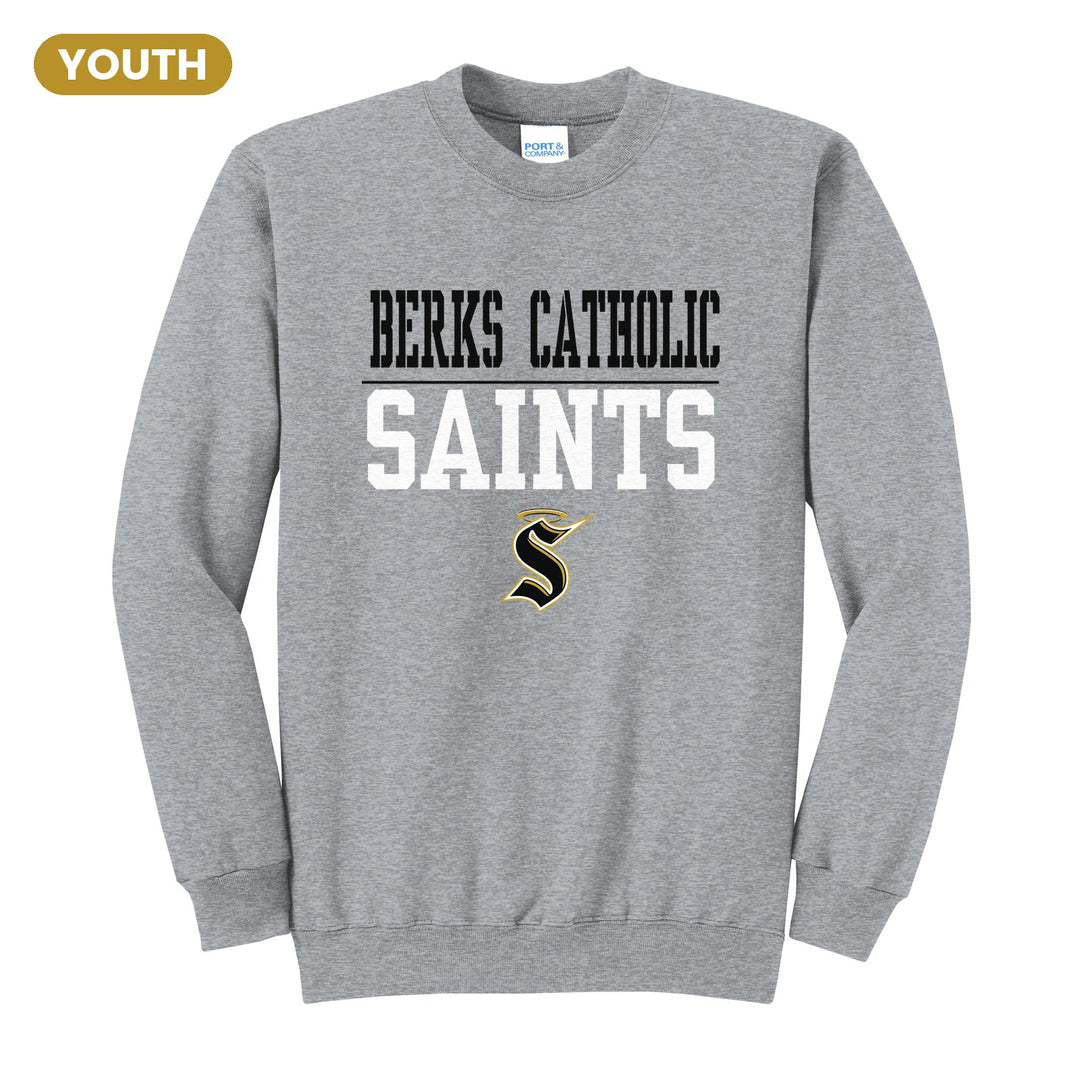 Berks Catholic Saints Split Block youth crewneck sweatshirt in Athletic Heather: BERKS CATHOLIC over a thin rule, big SAINTS block letters and the halo S