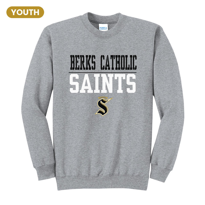 Berks Catholic Saints Split Block youth crewneck sweatshirt in Athletic Heather: BERKS CATHOLIC over a thin rule, big SAINTS block letters and the halo S