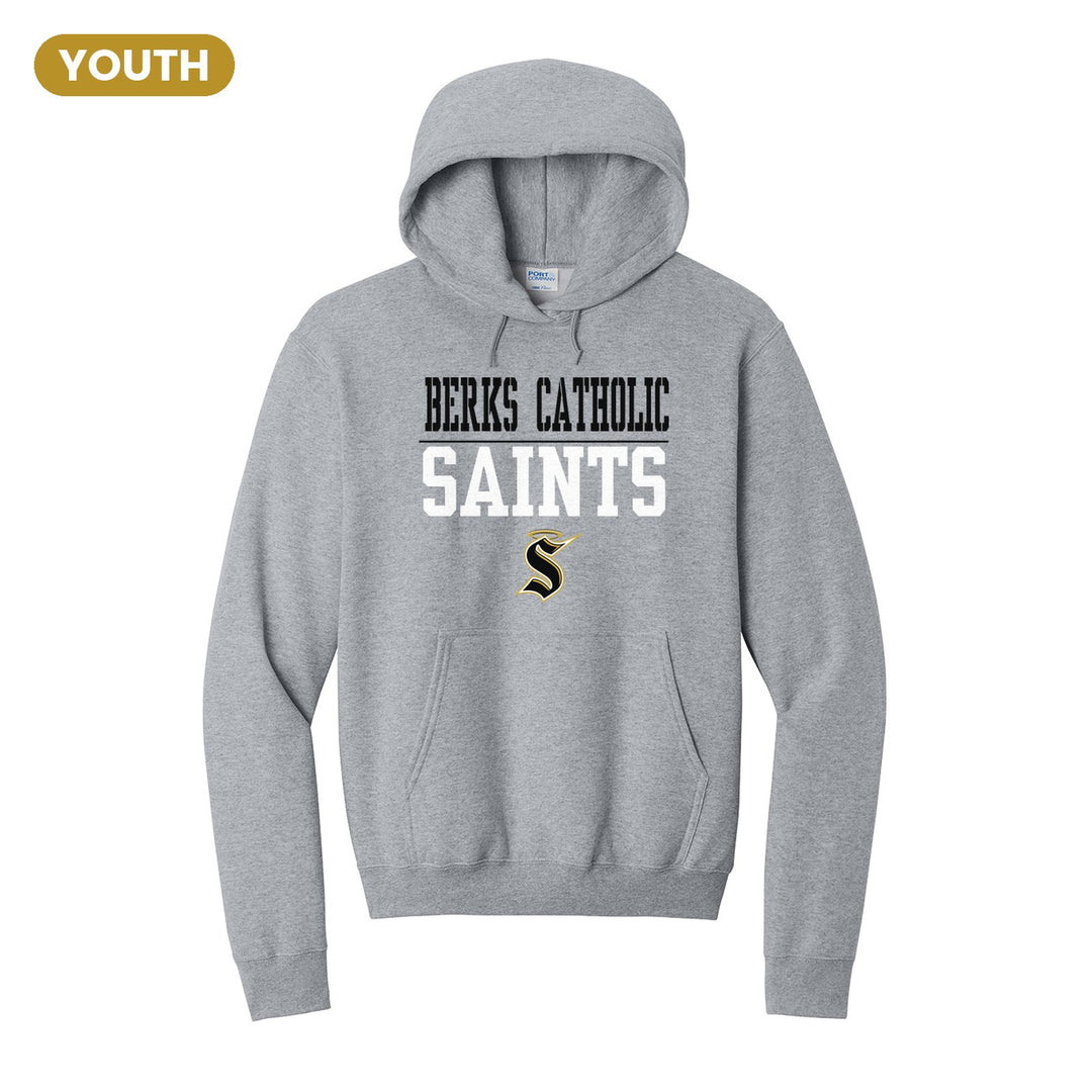 Berks Catholic Saints Split Block youth hoodie in Athletic Heather: BERKS CATHOLIC over a thin rule, big SAINTS block letters and the halo S