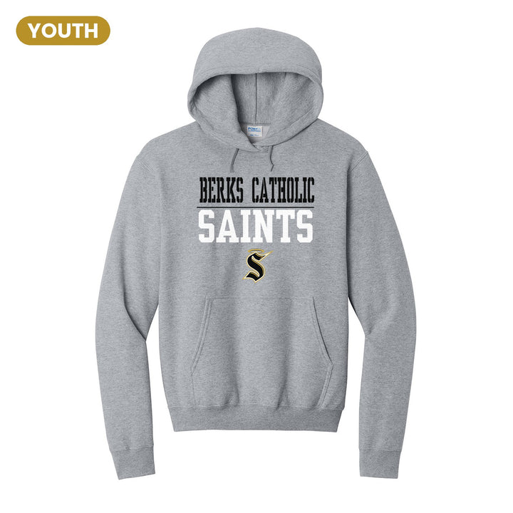 Berks Catholic Saints Split Block youth hoodie in Athletic Heather: BERKS CATHOLIC over a thin rule, big SAINTS block letters and the halo S