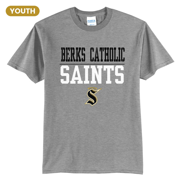 Berks Catholic Saints Split Block youth t-shirt in Athletic Heather: BERKS CATHOLIC over a thin rule, big SAINTS block letters and the halo S