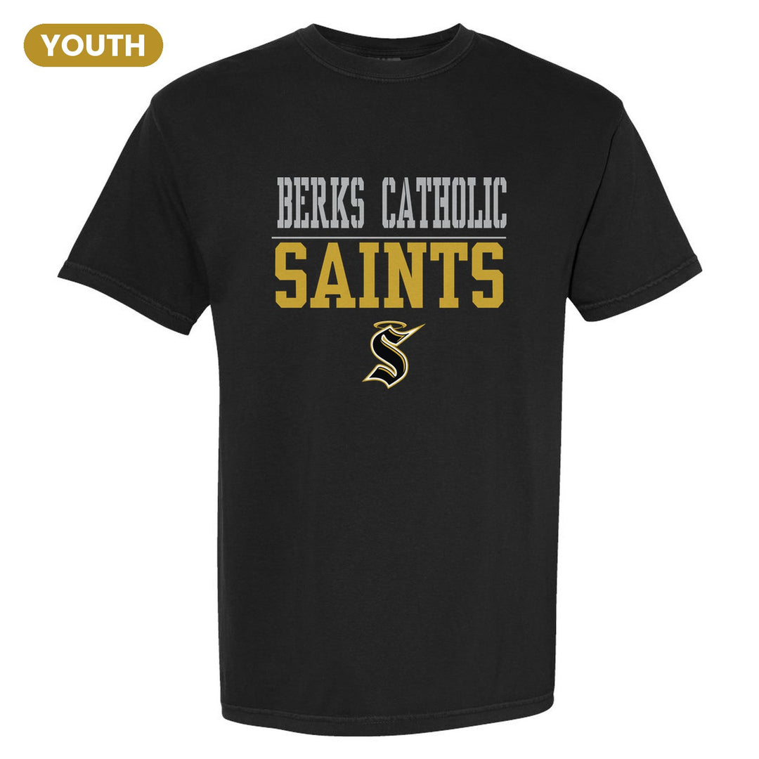 Berks Catholic Saints Split Block youth comfort colors t-shirt in Black: BERKS CATHOLIC over a thin rule, big SAINTS block letters and the halo S