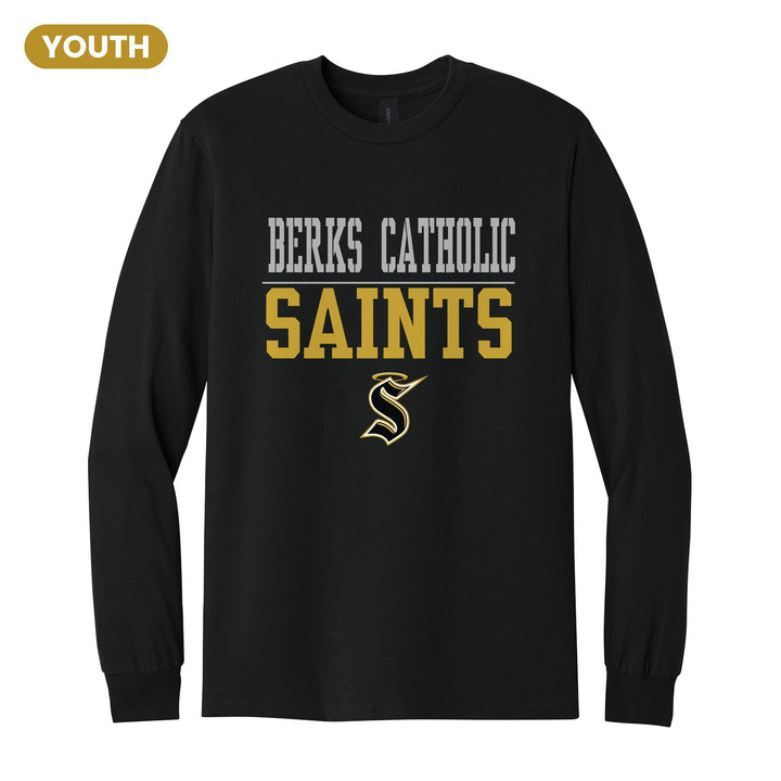 Berks Catholic Saints Split Block youth long sleeve t-shirt in Black: BERKS CATHOLIC over a thin rule, big SAINTS block letters and the halo S