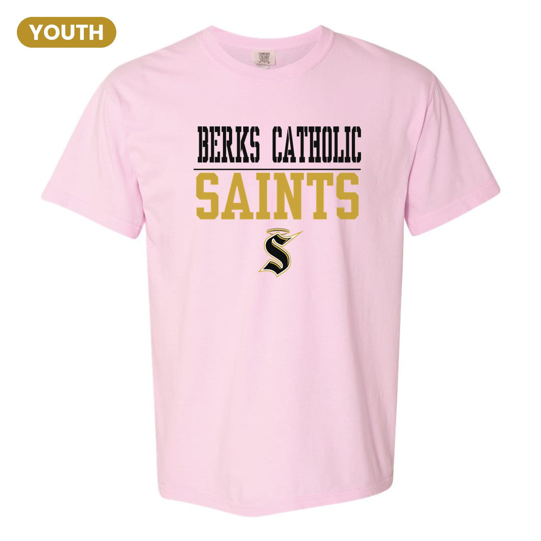 Berks Catholic Saints Split Block youth comfort colors t-shirt in Blossom: BERKS CATHOLIC over a thin rule, big SAINTS block letters and the halo S