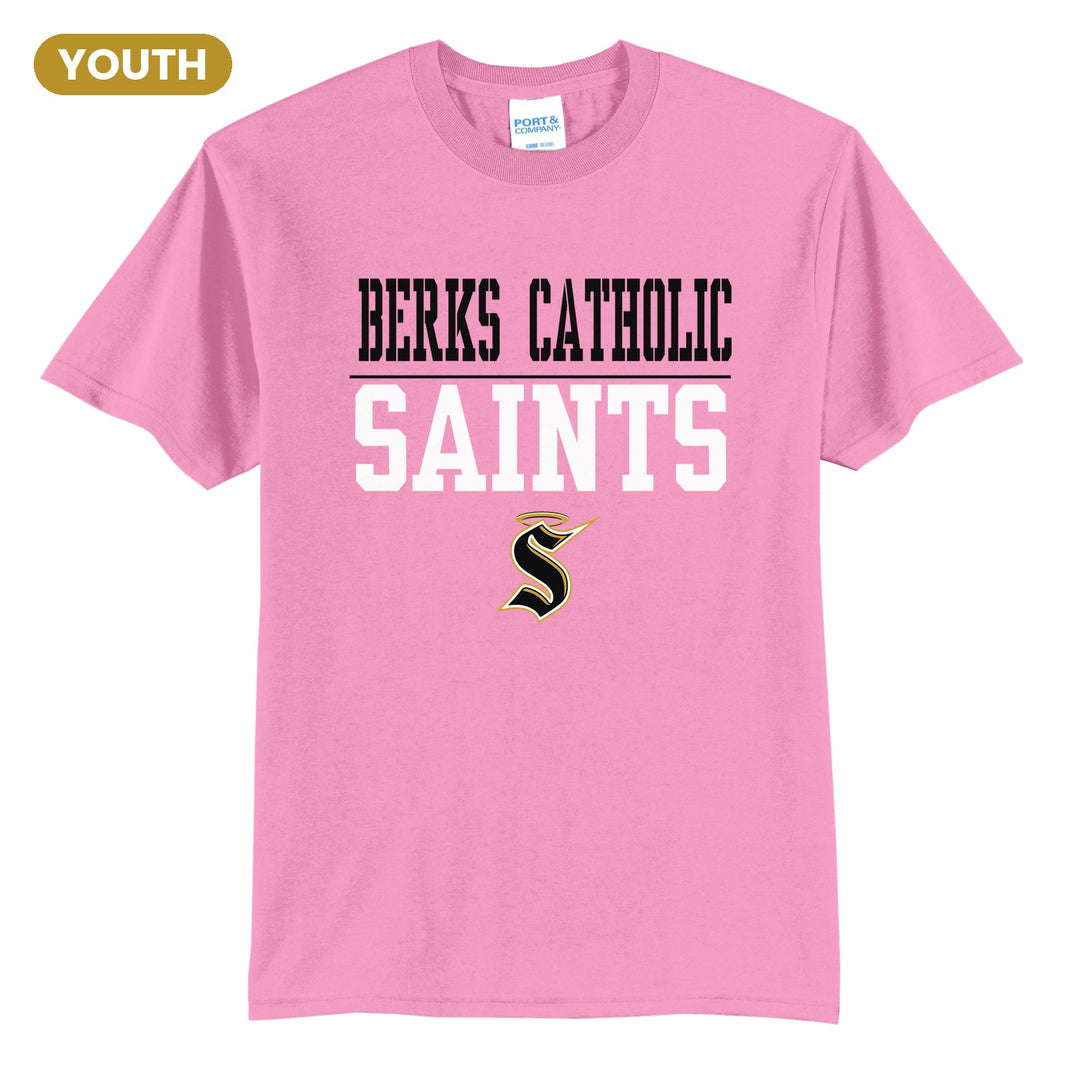 Berks Catholic Saints Split Block youth t-shirt in Candy Pink: BERKS CATHOLIC over a thin rule, big SAINTS block letters and the halo S
