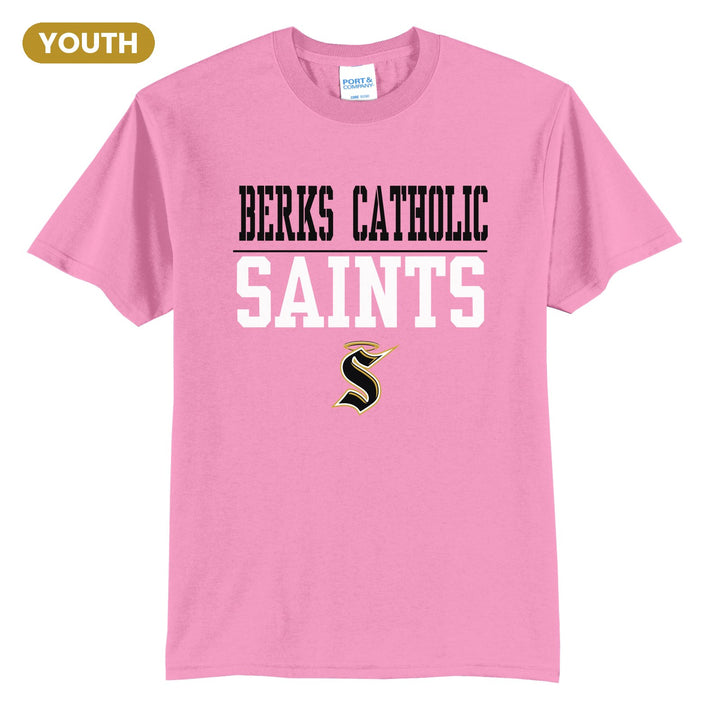Berks Catholic Saints Split Block youth t-shirt in Candy Pink: BERKS CATHOLIC over a thin rule, big SAINTS block letters and the halo S