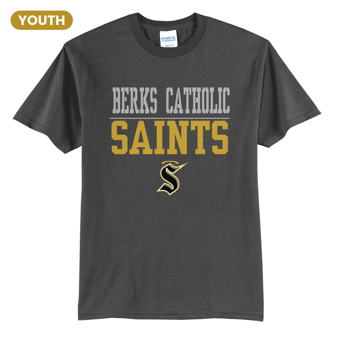 Berks Catholic Saints Split Block youth t-shirt in Charcoal: BERKS CATHOLIC over a thin rule, big SAINTS block letters and the halo S