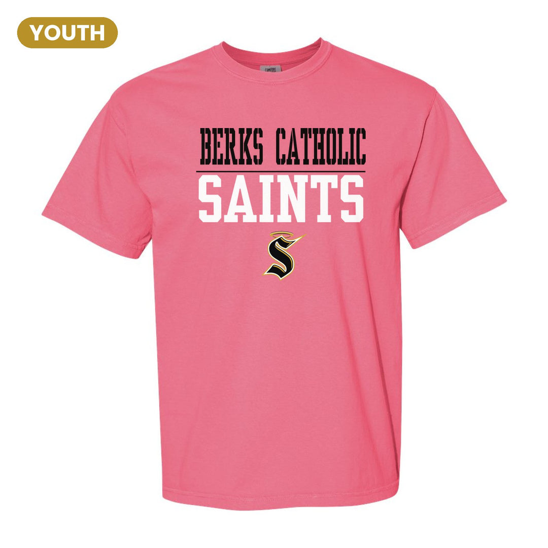 Berks Catholic Saints Split Block youth comfort colors t-shirt in Crunchberry: BERKS CATHOLIC over a thin rule, big SAINTS block letters and the halo S
