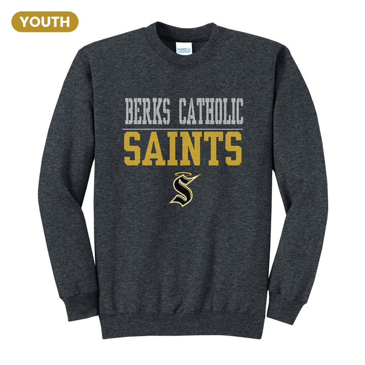 Berks Catholic Saints Split Block youth crewneck sweatshirt in Dark Heather Grey: BERKS CATHOLIC over a thin rule, big SAINTS block letters and the halo S