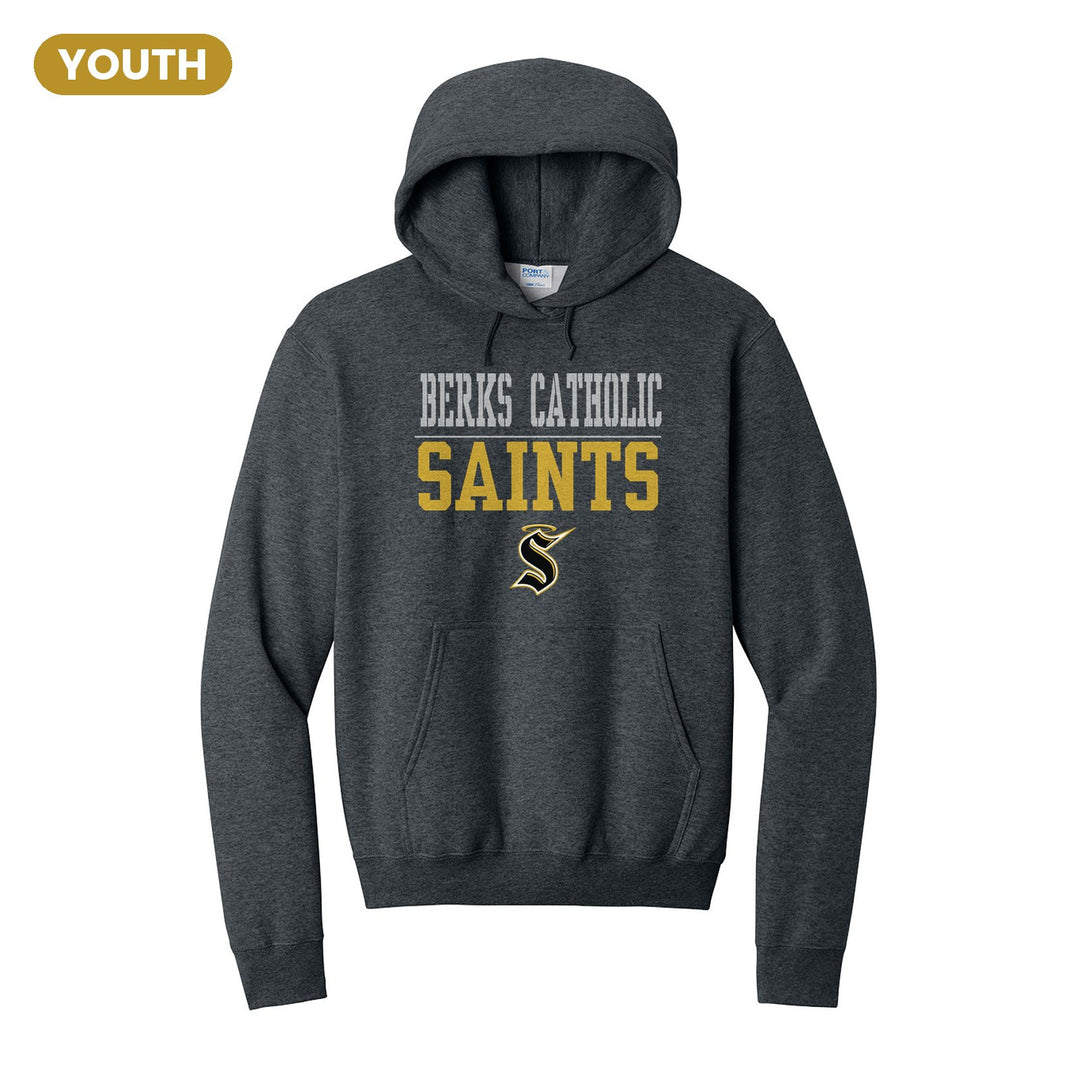 Berks Catholic Saints Split Block youth hoodie in Dark Heather Grey: BERKS CATHOLIC over a thin rule, big SAINTS block letters and the halo S