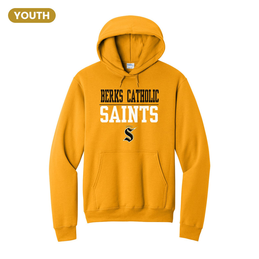 Berks Catholic Saints Split Block youth hoodie in Gold: BERKS CATHOLIC over a thin rule, big SAINTS block letters and the halo S