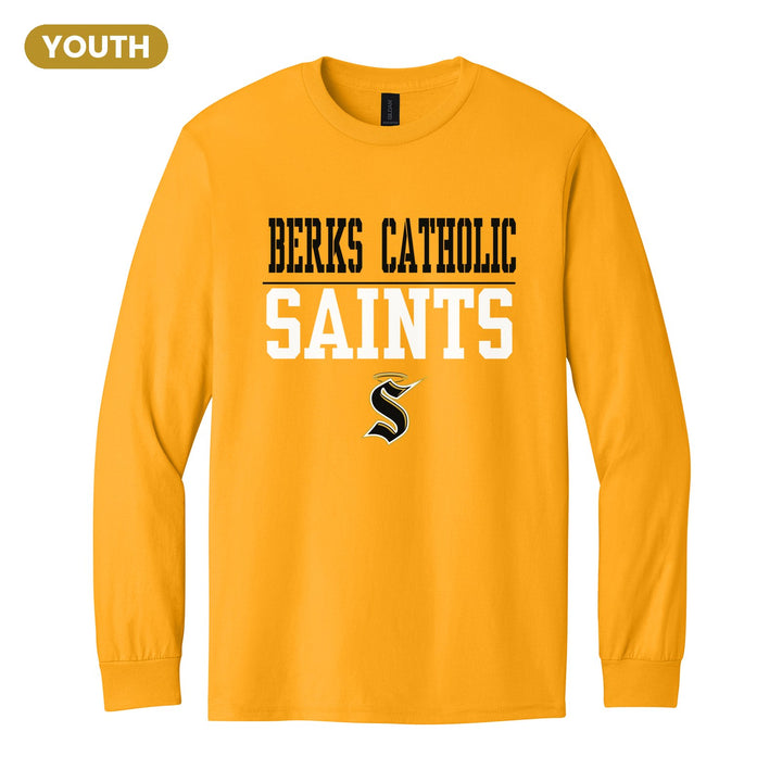 Berks Catholic Saints Split Block youth long sleeve t-shirt in Gold: BERKS CATHOLIC over a thin rule, big SAINTS block letters and the halo S