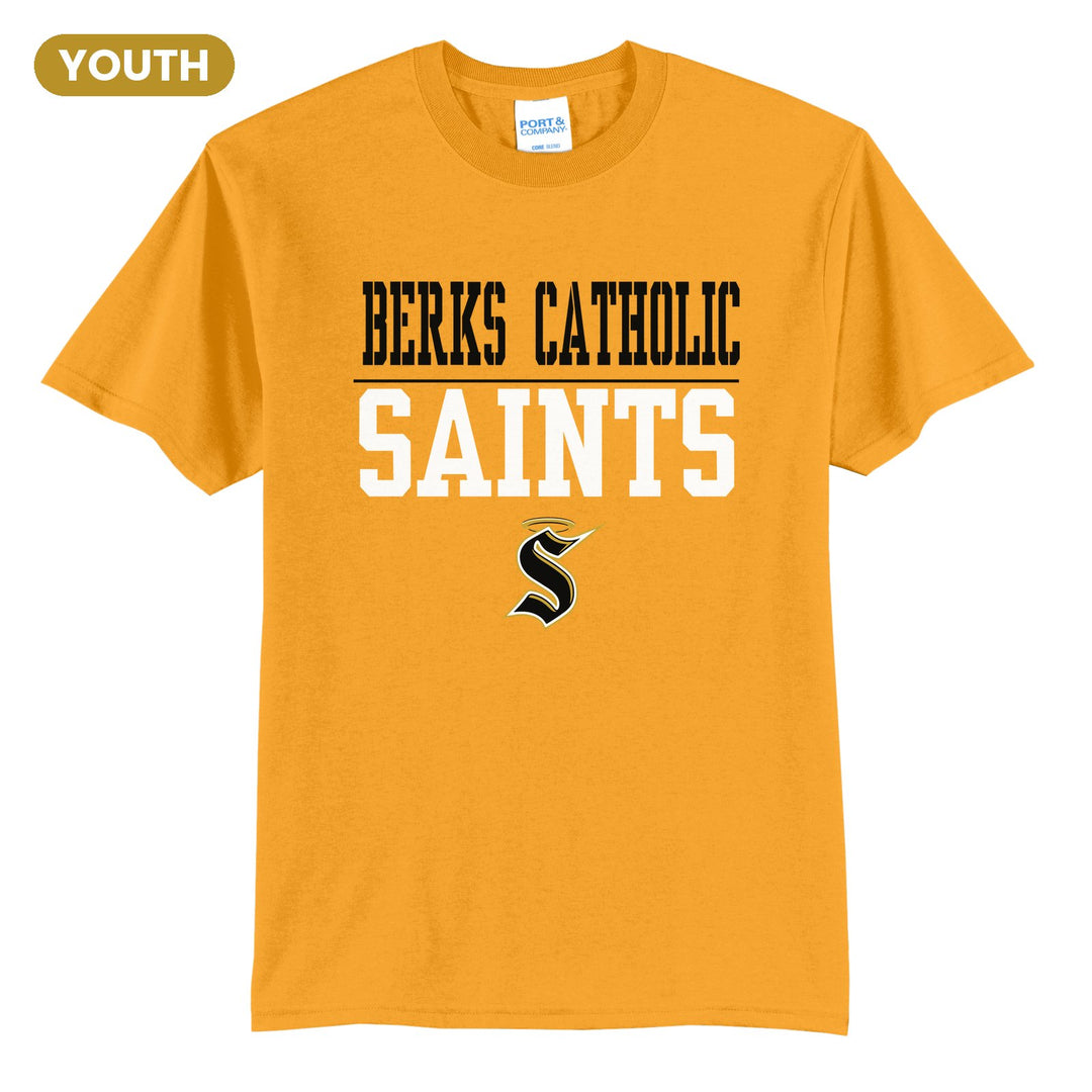 Berks Catholic Saints Split Block youth t-shirt in Gold: BERKS CATHOLIC over a thin rule, big SAINTS block letters and the halo S