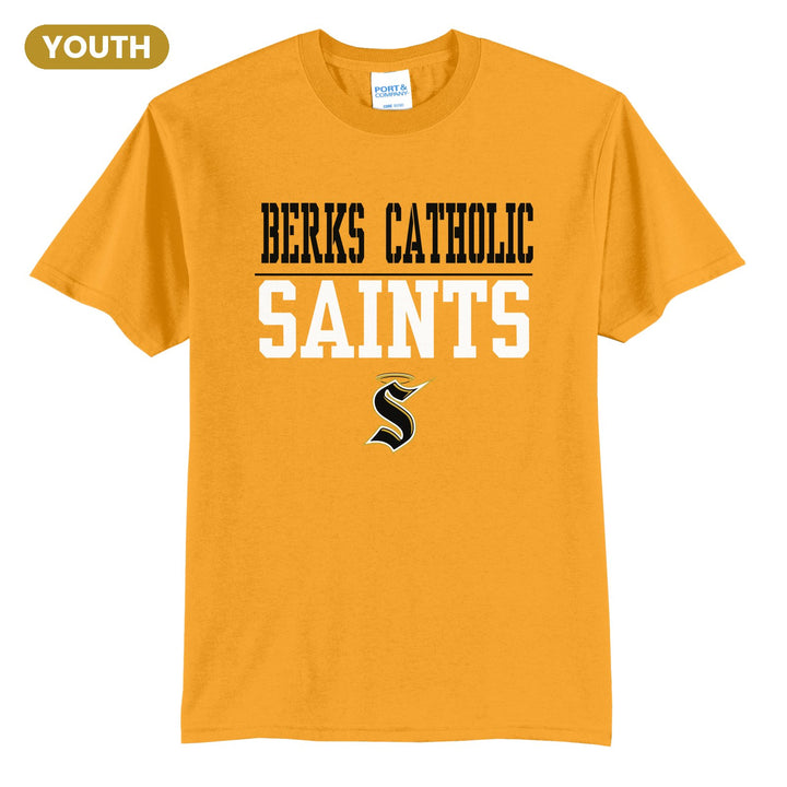 Berks Catholic Saints Split Block youth t-shirt in Gold: BERKS CATHOLIC over a thin rule, big SAINTS block letters and the halo S