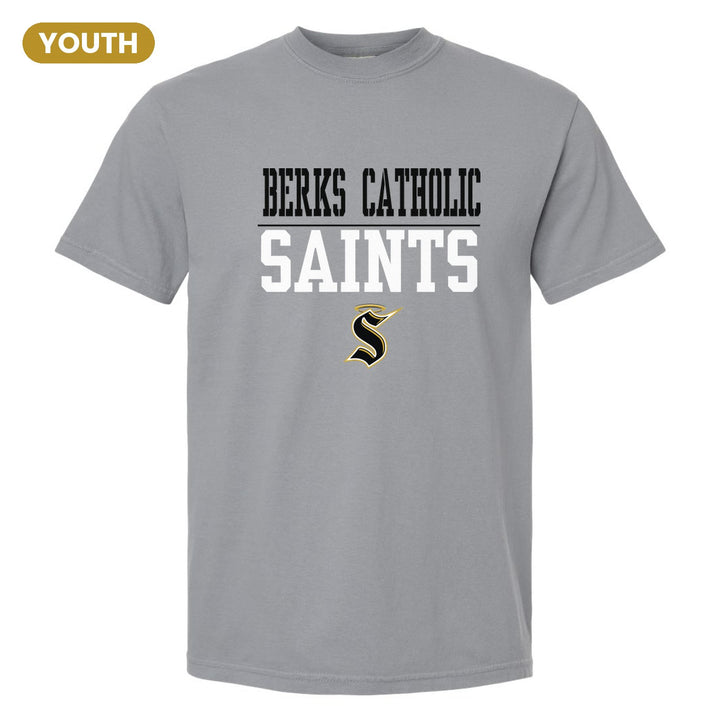Berks Catholic Saints Split Block youth comfort colors t-shirt in Granite: BERKS CATHOLIC over a thin rule, big SAINTS block letters and the halo S