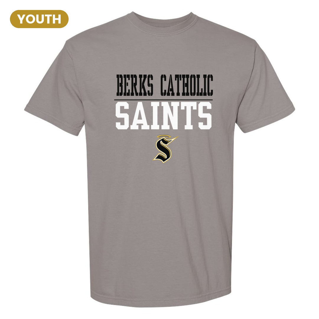 Berks Catholic Saints Split Block youth comfort colors t-shirt in Grey: BERKS CATHOLIC over a thin rule, big SAINTS block letters and the halo S