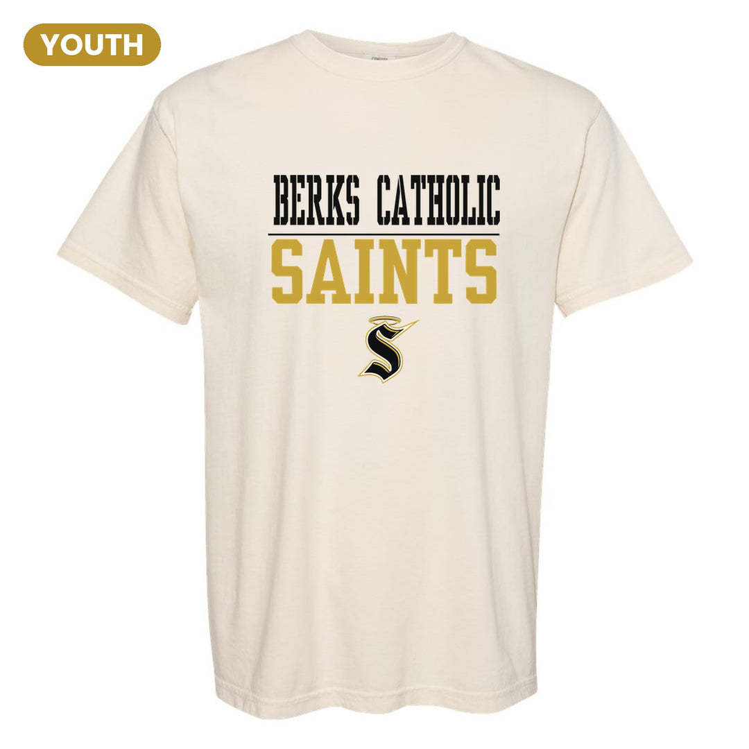 Berks Catholic Saints Split Block youth comfort colors t-shirt in Ivory: BERKS CATHOLIC over a thin rule, big SAINTS block letters and the halo S