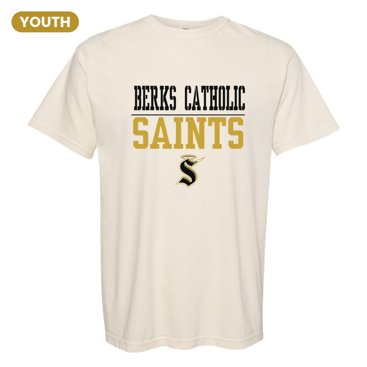 Berks Catholic Saints Split Block youth comfort colors t-shirt in Ivory: BERKS CATHOLIC over a thin rule, big SAINTS block letters and the halo S