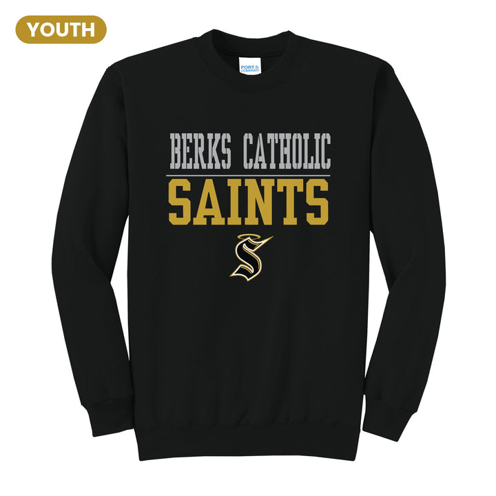 Berks Catholic Saints Split Block youth crewneck sweatshirt in Jet Black: BERKS CATHOLIC over a thin rule, big SAINTS block letters and the halo S