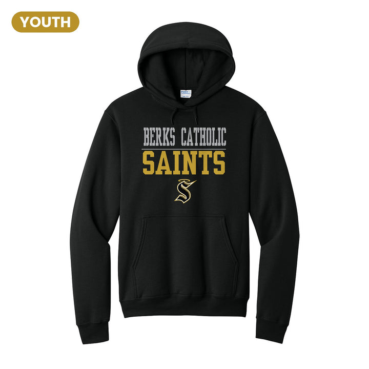Berks Catholic Saints Split Block youth hoodie in Jet Black: BERKS CATHOLIC over a thin rule, big SAINTS block letters and the halo S