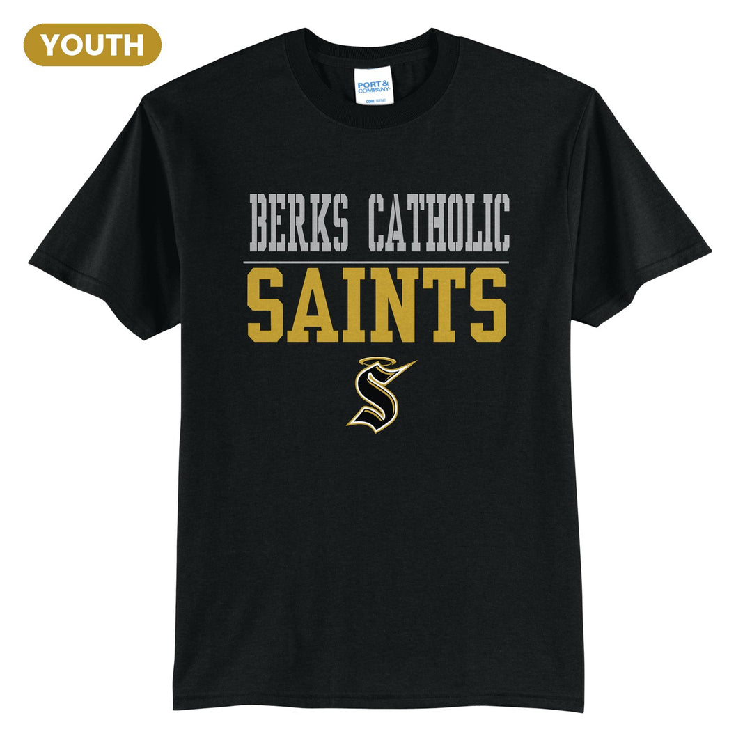 Berks Catholic Saints Split Block youth t-shirt in Jet Black: BERKS CATHOLIC over a thin rule, big SAINTS block letters and the halo S