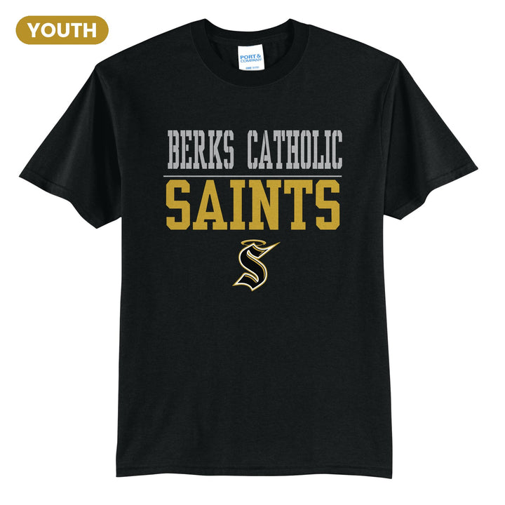 Berks Catholic Saints Split Block youth t-shirt in Jet Black: BERKS CATHOLIC over a thin rule, big SAINTS block letters and the halo S