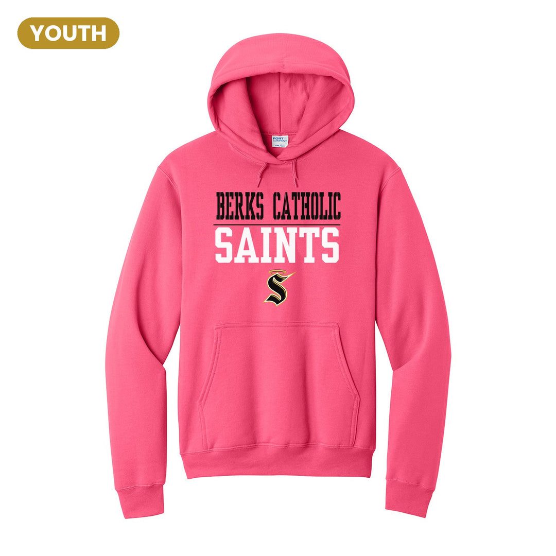 Berks Catholic Saints Split Block youth hoodie in Neon Pink: BERKS CATHOLIC over a thin rule, big SAINTS block letters and the halo S