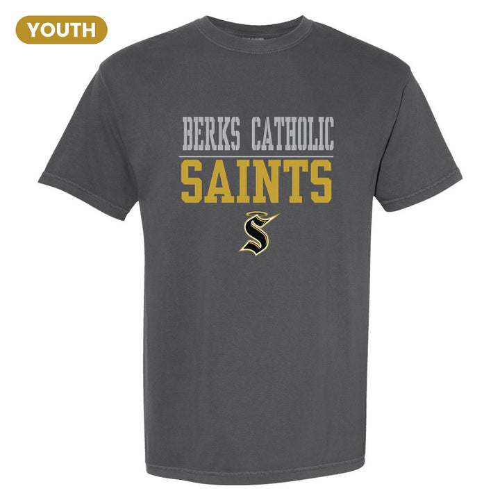 Berks Catholic Saints Split Block youth comfort colors t-shirt in Pepper: BERKS CATHOLIC over a thin rule, big SAINTS block letters and the halo S