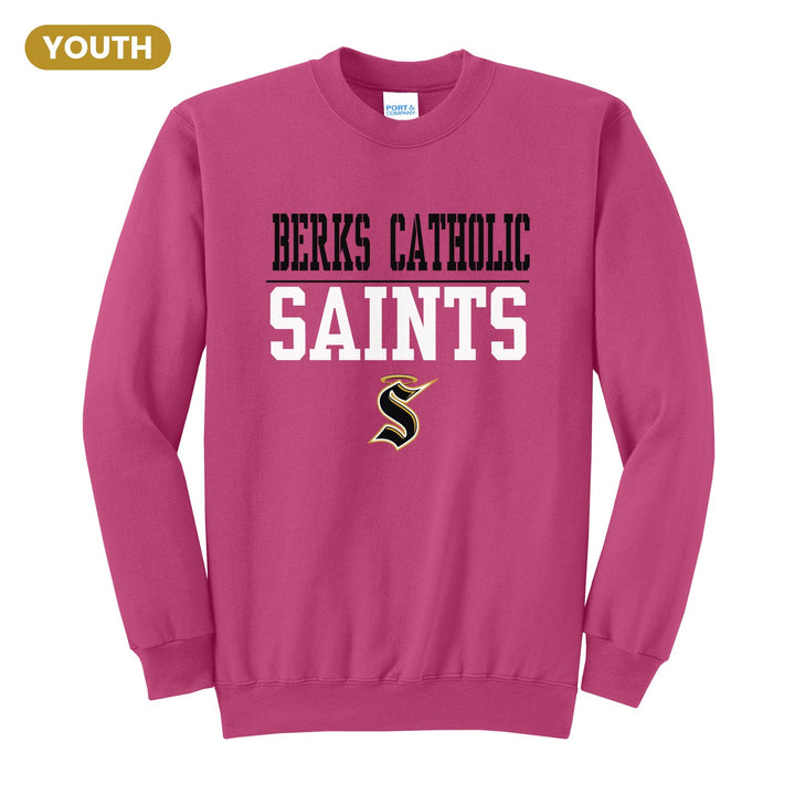 Berks Catholic Saints Split Block youth crewneck sweatshirt in Sangria: BERKS CATHOLIC over a thin rule, big SAINTS block letters and the halo S
